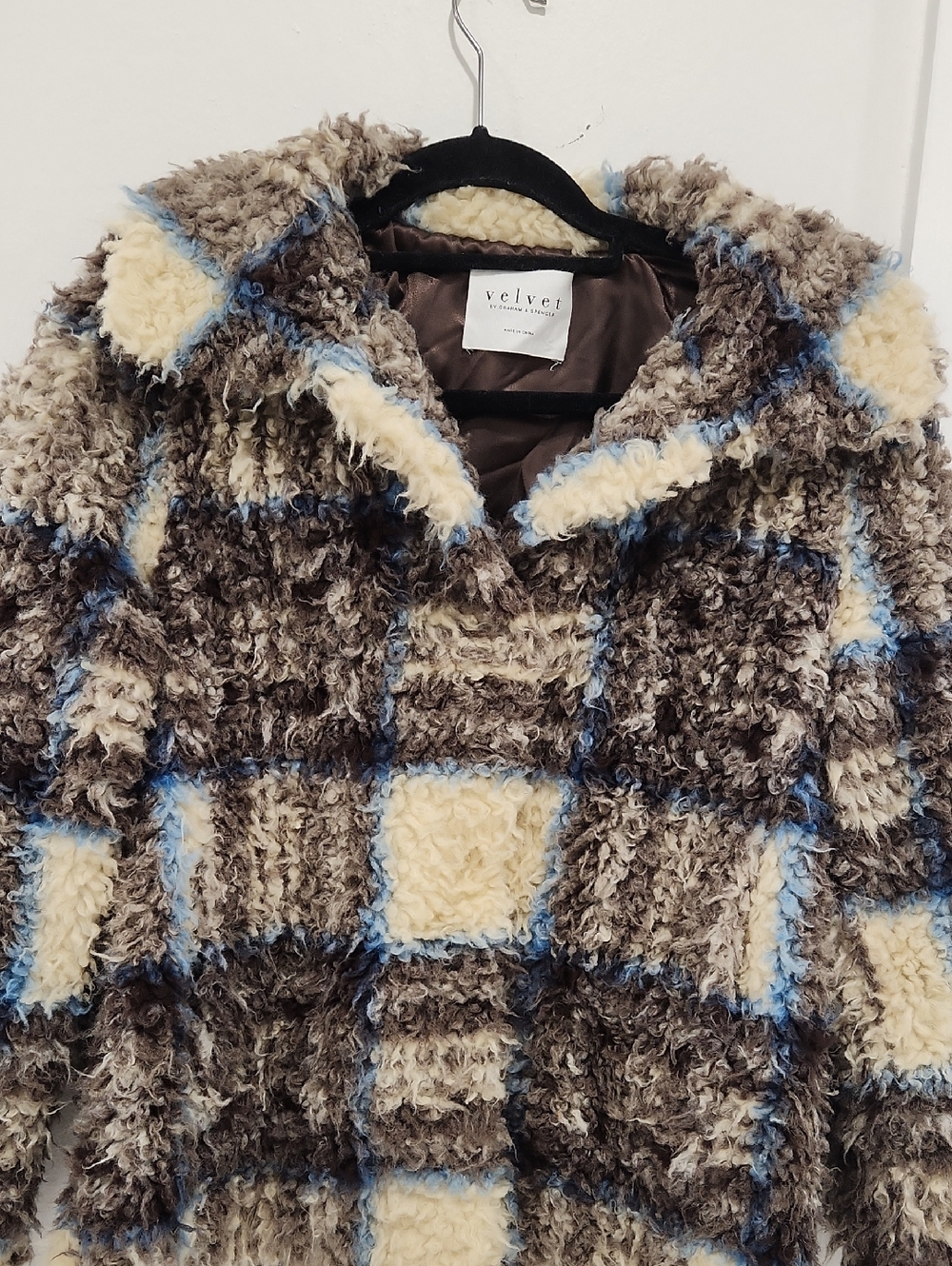 Velvet Cream, Brown & Blue Plaid Faux Shearling Coat